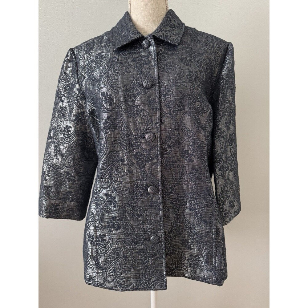 Alfred Dunner Jacket Blue Silver Metallic Collared Buttons Pockets Size 12